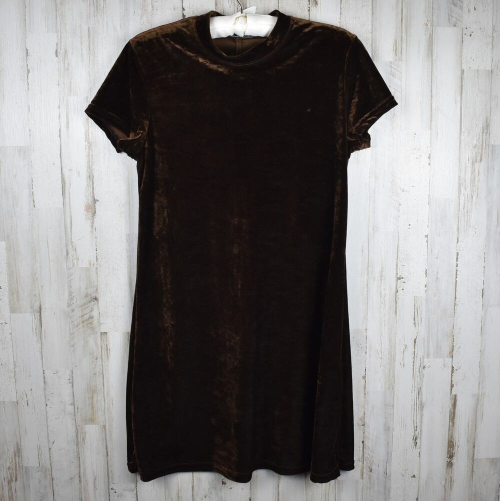 Vintage 90s Y2K Velvet Mini Dress Womens Small Brown Mock Neck Short Sleeve